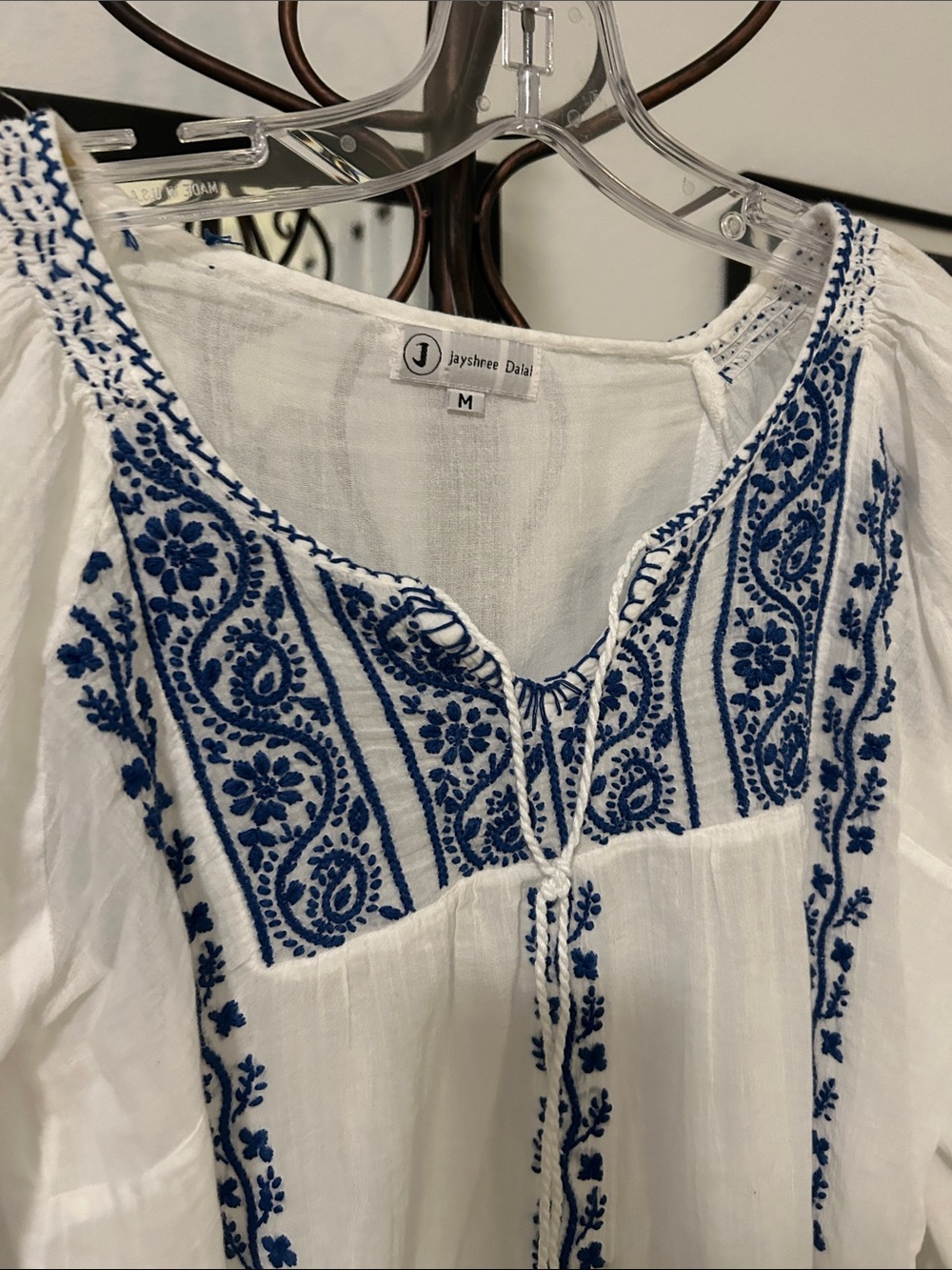 White Embroidered Boho Blouse with Blue Accents
